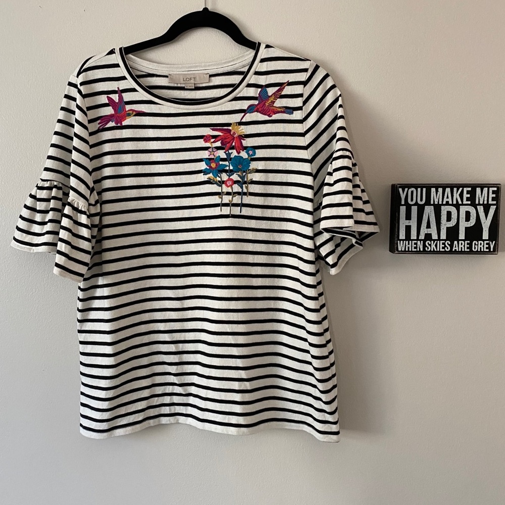 Loft Striped Embroidered Bell Sleeve Top